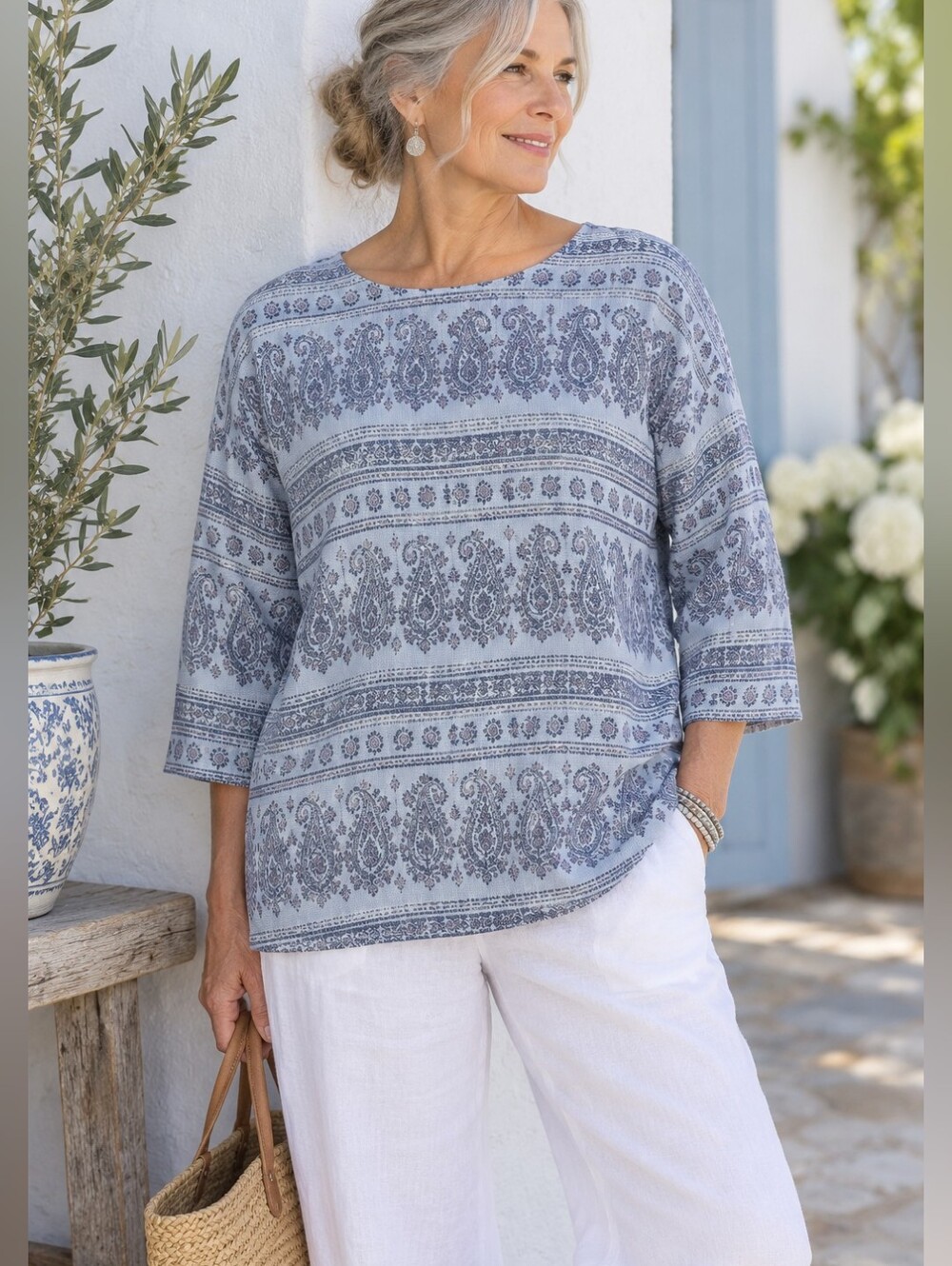 Pure Jill Hemp Cotton Paisley Print Relaxed 3/4 Sleeve Top Large